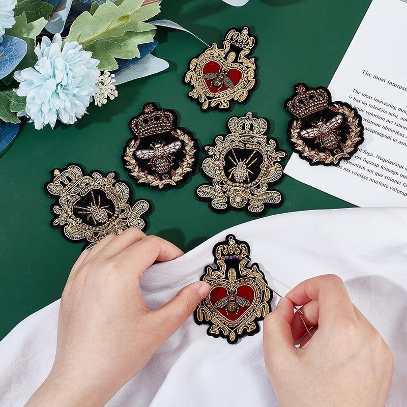 AHANDMAKER 6pcs Crown Bee Badge Embroidered Applique Patch, 3 Style Embroidered Badge Patch Sew On Patches DIY Decorative Applique Patches for Dress Jeans Jackets Handbag Clothing - Image 3